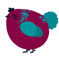 A maroon and teal chicken with a neck-speckle pattern