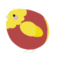 A red and yellow chicken with a head pattern