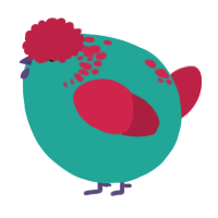 A turquoise and crimson chicken with a neck-speckle pattern