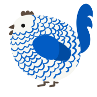 A white and ultramarine chicken with a lace pattern