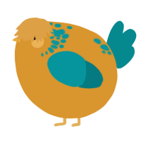 A orange and teal chicken with a neck-speckle pattern