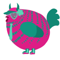 A fuchsia and teal chicken with a bar pattern