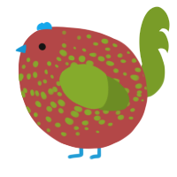 A red and chartreuse chicken with a speckle pattern