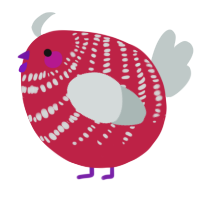A crimson and silver chicken with a bar pattern