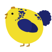 A yellow and navy chicken with a neck-speckle pattern