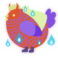 A vermilion and blurple chicken with a lace pattern