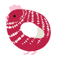 A crimson and white chicken with a bar pattern