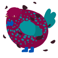 A maroon and teal chicken with a speckle pattern