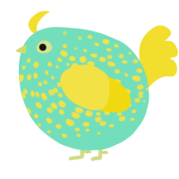 A mint and yellow chicken with a speckle pattern