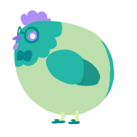 A gluppy and turquoise chicken with a head pattern