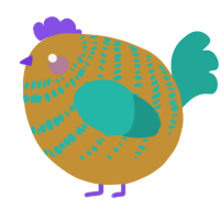 A gold and turquoise chicken with a bar pattern