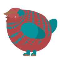 A red and teal chicken with a bar pattern