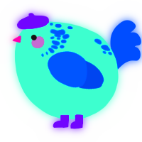 A mint and ultramarine chicken with a neck-speckle pattern