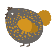 A grey and ochre chicken with a speckle pattern