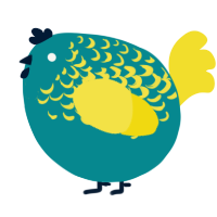 A teal and yellow chicken with a half-lace pattern