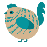 A beige and teal chicken with a bar pattern
