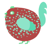 A red and mint chicken with a speckle pattern