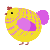 A yellow and orchid chicken with a bar pattern