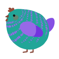 A turquoise and blurple chicken with a bar pattern