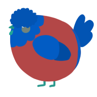 A red and ultramarine chicken with a head pattern