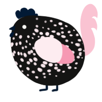 A black and rose chicken with a speckle pattern