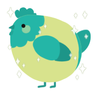 A lemon and turquoise chicken with a head pattern