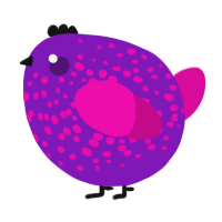 A violet and fuchsia chicken with a speckle pattern