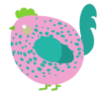 A pink and turquoise chicken with a speckle pattern