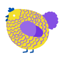 A yellow and blurple chicken with a lace pattern