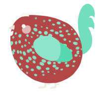 A red and mint chicken with a speckle pattern