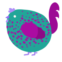 A turquoise and plum chicken with a speckle pattern