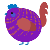A violet and red chicken with a bar pattern