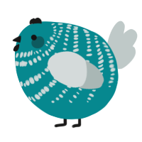 A teal and silver chicken with a bar pattern