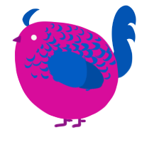 A fuchsia and ultramarine chicken with a half-lace pattern