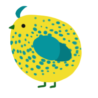A yellow and teal chicken with a speckle pattern