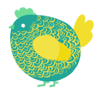 A turquoise and yellow chicken with a double-lace pattern