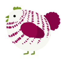 A white and maroon chicken with a bar pattern