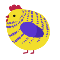 A yellow and indigo chicken with a bar pattern