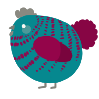 A teal and maroon chicken with a bar pattern