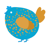 A cerulean and orange chicken with a speckle pattern