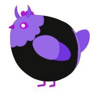 A black and blurple chicken with a head pattern