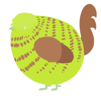 A lime and brown chicken with a bar pattern