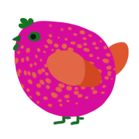 A fuchsia and vermilion chicken with a speckle pattern
