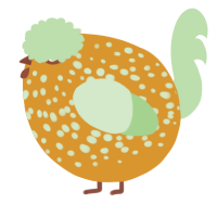 A orange and gluppy chicken with a speckle pattern