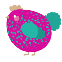 A fuchsia and turquoise chicken with a speckle pattern