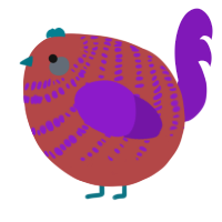 A red and violet chicken with a bar pattern