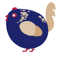A navy and beige chicken with a neck-speckle pattern