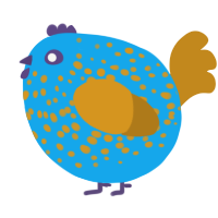 A sky and ochre chicken with a speckle pattern