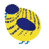 A yellow and navy chicken with a bar pattern