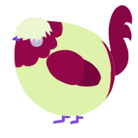 A apple and maroon chicken with a head pattern